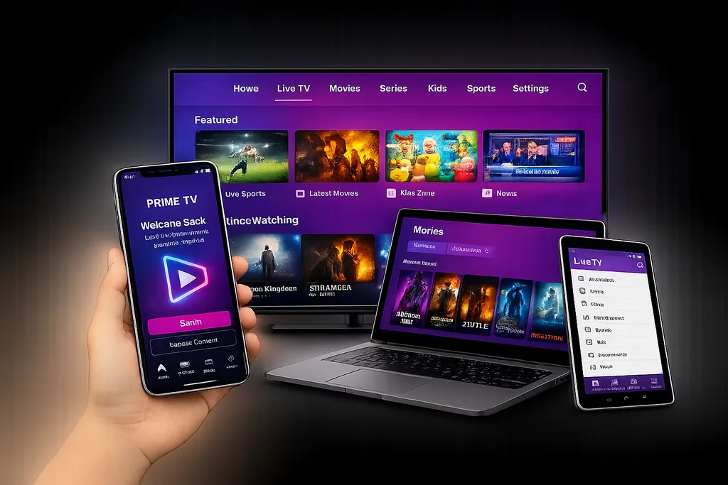 PrimeTV IPTV app running on Smart TV, laptop, tablet and mobile