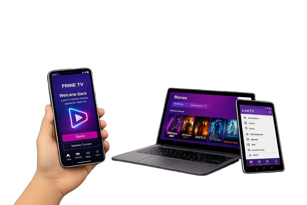 PrimeTV IPTV app running on Smart TV, laptop, tablet and mobile